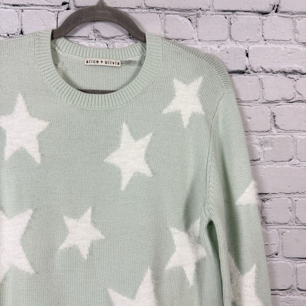 Alice + Olivia Andora Fuzzy Star Wool Blend Sweater Womens S in Light Green Chic - Picture 4 of 10